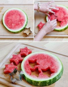 watermelon is cut into pieces and placed on a cutting board