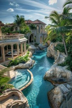 an outdoor swimming pool surrounded by palm trees and water features stone steps leading up to the upper level