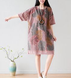 Women Dresses Long Sleeve Casual Summer Cotton Linen Women Dresses Casual Pink Linen Vacation Dress, Casual Pink Linen Dress For Vacation, Oversized Ramie Summer Dresses, Short Sleeve Ramie Dress For Vacation, Vacation Dress With Short Sleeves In Ramie, Dresses Long Sleeve Casual, Organic Colors, Loose Style, Dresses Long Sleeve