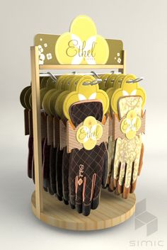 the display rack is filled with different types of gloves