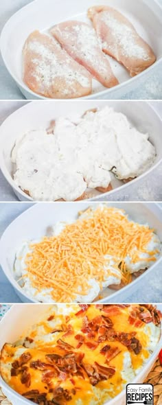 four different types of food are shown in this collage, including chicken and cheese