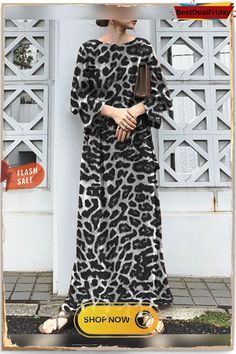 Leopard Print Long Sleeve Crew Neck Maxi Dress Long Sleeve Sundress, Fashion Party Dress, Party Dress For Women, Long Maxi Dresses, Cheap Maxi Dresses, Dress Office, Style 2023, Grey Maxi Dress, Dresses Style