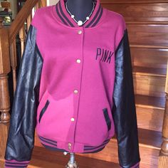 Nwt-Victoria’s Secret Pink Bomber, Varsity Black & Burgundy Jacket. Lovely Cotton & Polyester In L/G; Pink On The Front Side & “P” W/Wreath On The Back. Burgundy Jacket, Pink Jacket, Utility Jacket, Victoria's Secret Pink, Secret Pink, Victoria’s Secret, Victoria Secret Pink, Pink Ladies, Victoria's Secret