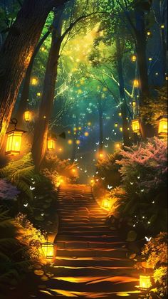 an image of a forest scene with lanterns in the trees and steps leading up to it