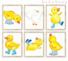 four watercolor paintings of yellow ducks and one duckling