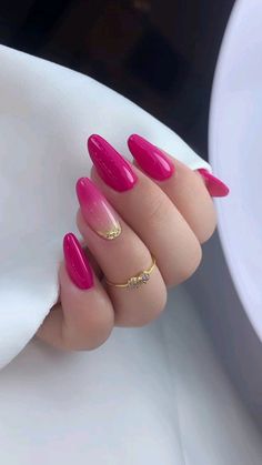 Dark Pink Nails, Gold Nail, Pink Nail Art, Almond Nail, Artificial Nails, Stiletto Nails, Cute Acrylic Nails, Nude Nails, Nail Designer