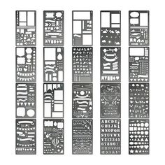 a set of metal cut outs with different shapes and patterns on them, all in various sizes