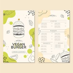 a menu for a vegan burger with hand drawn vegetables and fruits on the side