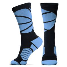 These performance everyday basketball socks are great for all activities whether it is on or off the court, to daily wear or hanging with friends a basketball player's feet will be comfortable in a pair of these mid-calf basketball socks.  With the large basketball ball design on the sock, these mid-calf basketball socks are sure to be a staple in a basketball players wardrobe.  These moisture-wicking basketball crew socks are sure to keep a player's feet comfortable and dry with the COOLMAX tec Blue Anti-odor Sports Socks, Black Non-slip Socks For Sports Events, Black Non-slip Socks For Sports, Blue Sports Socks, Breathable Comfortable Socks For Sports Events, Comfortable Anti-odor Socks For Sports Events, Non-slip Black Socks For Gym, Non-slip Black Gym Socks, Comfortable Sweat-resistant Socks For Sports