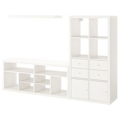 a white entertainment center with shelving unit and shelves on each side, against a white background