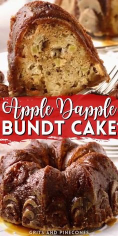 a bundt cake on a plate with the words apple dapple bundt cake