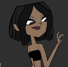 an animated girl with dark hair and black bra holding her hand up to the side