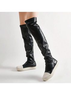 Black Glamorous,Preppy Collar    Classic Boots Embellished   Women Shoes Casual Knee-high Faux Leather Boots Medium Width, Casual Faux Leather Knee-high Boots Medium Width, Casual Black Knee-high Boots For Streetwear, Fitted Synthetic Boots For Streetwear, Casual Synthetic Knee-high Boots For Fall, Fitted Knee-high Boots With Round Toe For Streetwear, Fitted Synthetic Casual Knee-high Boots, Casual Tall Over-the-knee Boots, Casual Synthetic Knee-high Boots