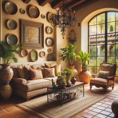 a living room filled with lots of furniture next to a large window and potted plants