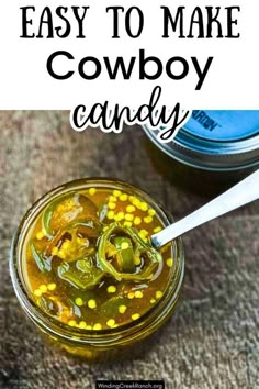 an easy to make cowboy candy recipe in a mason jar with the title overlay