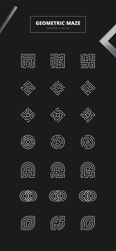 the geometric maze font and numbers are arranged in different styles, including one that has been drawn