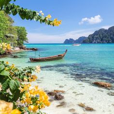 a boat that is sitting in the water near some rocks and flowers on the shore