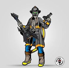 a skeleton with a guitar in his hand and wearing a fireman's hat