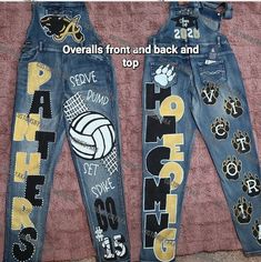 Custom made to order senior/hoco jeans. Walk in style showing your school spirit! I don't have finished jeans as this is a made to order item. See below for more info! JEANS WOULD NEED TO BE SHIPPED TO IN ORDER TO DO IT. Volleyball Painted Jeans, Cheer Pants Ideas, Homecoming Jeans Ideas Sophomore, Homecoming Pants Ideas Junior, Homecoming Painted Jeans Ideas, Hoco Jeans Ideas, Spirit Jeans Homecoming Ideas, Painted Homecoming Jeans, Hoco Pants Ideas Sophomore