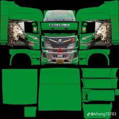 the front and side view of a green truck with an open cab, on a black background