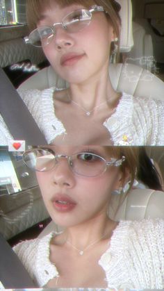 two pictures of a woman wearing glasses in the back seat of a car