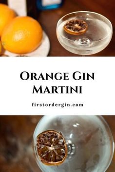 an orange gin martini is garnished with sliced oranges