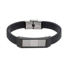 "A textured rectangular stainless steel link gives this men's black leather bracelet contemporary appeal.BRACELET DETAILS Length: 8.5 in. Clasp: fold-over Metal: stainless steel Plating: black immersion Finish: polished   Size: 8.5"". Gender: male. Age Group: adult. Material: Stainless Steel|Leather." Modern Leather Bracelet With Stainless Steel Clasp For Business, Black Stainless Steel Business Jewelry, Masculine Black Leather Bracelet With Stainless Steel, Modern Metal Leather Bracelet With Black Band, Modern Leather Bracelet With Metal Black Band, Black Leather Bracelet With Stainless Steel Clasp For Business, Modern Jewelry With Leather Strap And Rectangular Shape, Black Rectangular Leather Strap Bracelet, Modern Black Rectangular Leather Bracelet