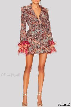 Olivia Mark - Chic Patchwork Long Sleeve Dress with Tassel Detail and Turndown Collar Glamorous Mini Dress With Tassels For Spring, Glamorous Tasseled Mini Dress For Spring, Long Sleeve Feather Dresses For Summer, Spring Date Night Mini Dress With Tassels, Feathered Long Sleeve Dress For Parties, Long Sleeve Feather Dress For Party Season, Spring Glamorous Dresses With Tassels, Fall Party Dresses With Tassels, Fall Cocktail Dress With Feather Trim