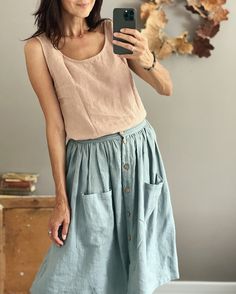 Women's Linen Skirt With Buttons - Etsy Estuary Skirt, Linen Skirt Pattern, Skirts Diy, Skirt Inspiration, Fall Attire, Skirt With Buttons, Linen Tank Top, Linen Tank, Clothes Closet