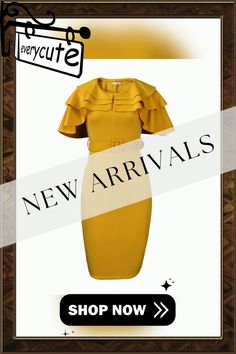 Summer Ruffled Hip Ol Short-sleeved Dress Women Solid Color Evening Dresses Vestidos De Mujer Yellow Knee-length Office Dress, Short Sleeve Ruffled Dresses For Office, Elegant Yellow Office Dress, Color Pick, Womens Vest, Cute Fashion, Ladies Tops Fashion, Online Store, Evening Dresses