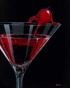 a martini glass filled with red liquid and a cherry on the rim, in front of a black background