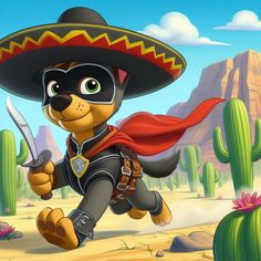 a cartoon dog wearing a sombrero and holding a knife in his hand while running through the desert