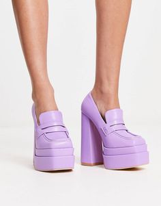 Daisy Street Exclusive double platform heeled loafers in purple | ASOS Spring Synthetic High Heel Platform Loafers, Trendy Summer Platform Loafers, Chunky Platform Block Heel Loafers For Spring, Chunky Platform Heels For Office In Spring, Trendy Party Platform Loafers, Trendy Platform Loafers For Party, Party Platform Loafers With Block Heel, Purple Heels With Sculpted Heel And Round Toe, Trendy High Heel Platform Loafers