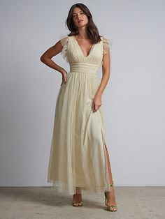 Tulle V-Neck Maxi Dress | New York & Company Beige V-neck Maxi Dress For Cocktail, Chic V-neck Prom Dress For Spring, Chic V-neck Dress For Spring Prom, Chic Short Sleeve Midi Bridesmaid Dress, Chic Beige Bridesmaid Midi Dress, Beige Midi-length Bridesmaid Dress, Chic Beige Midi Dress For Bridesmaids, Beige Midi Bridesmaid Dress, Casual Chic Empire Waist Maxi Dress