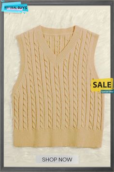 Women's Knitted Temperament Commute Waistcoat Pullover V-neck Vest Sleeveless Top Beige V-neck Tank Top For Fall, Casual V-neck Cable Knit Sweater Vest, Winter Sleeveless Knit Sweater Vest, Winter Knit Sleeveless Sweater Vest, Knit Sleeveless Sweater Vest For Winter, Sleeveless Knitted Vest For Fall, Knitted Sleeveless Vest For Fall, Trendy Beige Knitted Sweater Vest, Casual Cable Knit Sleeveless Tank Top