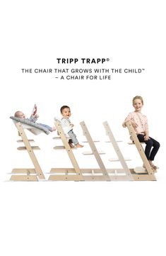 three children sitting on wooden chairs with the caption trip trapp's the chair that grows with the child - a chair for life