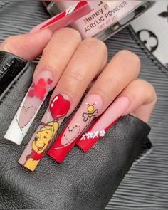 Gel Nail Designs Disney, Abroad Nails, Disney Long Nail Designs, Winnie The Pooh Fall Nails, Winnie The Pooh Christmas Nails, Disney Christmas Nails Acrylic, Christmas Winnie The Pooh Nails, Winnie The Pooh Halloween Nails, Pooh Nails