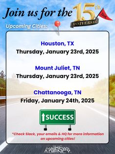 TOMORROW & FRIDAY! ✨🪩 NEW YEAR, NEW STOPS! 🤩🥳 

💥 Register today for an upcoming city! 🗺️📍 Visit HQ for more information! https://www.quilityevents.com/event/15-year-anniversary-tour/summary

#TheMathewsAgency #15thAnniversary #Tour #UpcomingTourCities #RegisterForACityNearYou #NewYear