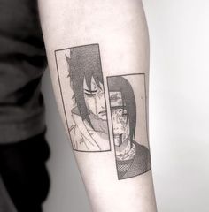 a man with a tattoo on his arm has two pictures of him and her face