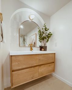 a bathroom with a sink, mirror and potted plant