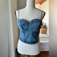 Nwt Guess Demon Bustier With Chain Shoulder Adjustable Starps And Zippered Back Xl Strapless Blue Denim Top For Night Out, Blue Denim Crop Top For Night Out, Fitted Blue Denim Top For Party, Fitted Denim Crop Top For Night Out, Denim Fitted Crop Top For Night Out, Cheap Blue Bustier Top, Cheap Halter Top Bustier With Built-in Bra, Denim Boobtube Top, Blue Crop Top With Built-in Bra