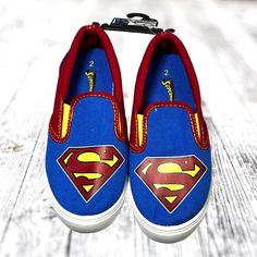 Superman Youth Boys Slip On Sneakers Size: 2 Material: Canvas Upper Brand: Dc Comics In Nwt Condition ** See For Additional Item Description ** 2br - Blue Shoe Bag Blue Fun Sneakers With Rubber Sole, Fun Blue Sneakers For School, Fun Blue Sneakers With Rubber Sole, Superman Blue, Red Dc Shoes, Superman Shoes, Wonder Woman Shoes, Batman Shoes, All Star Superman