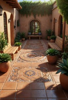 an outdoor courtyard with benches and potted plants