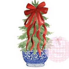 a watercolor painting of a christmas tree in a blue and white bowl with red ribbon