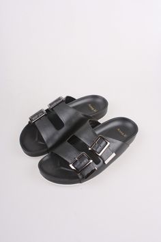 Marissa buckled sandal is comfy and trendy. Wear them with your jeans or shorts, you will look fab! 100% leather Trendy Open Toe Sandals With Metal Pin Buckle, Casual Spring Slides With Tang Buckle, Trendy Round Toe Mules With Buckle Closure, Trendy Mules With Buckle Closure And Round Toe, Chic Summer Slides With Tang Buckle, Summer Mules With Tang Buckle And Round Toe, Spring Slides With Rectangular Buckle Closure, Casual Leather Slides With Tang Buckle, Black Spring Footbed Sandals With Buckle