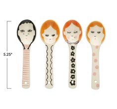 three spoons with faces on them are shown in different sizes and shapes, one is orange