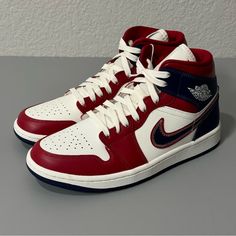 Available In Women’s Sizing, The Jordan 1 Mid Usa 2022 (W) Is A Mid-Cut Version Of The Air Jordan 1 Released To Celebrate 2022 American Independence Day. Air Jordan Magenta, Nike Jordan Air 1 Woman, Nike Jordan 1 Mid Red, Jordan 1 Mid Jeans, Luxury University Red High-top Jordan Shoes, Womans Jordan 1, Air Jordan 1 All Colors, Jordan 1 Mid Womens, Nike Jordans Women High