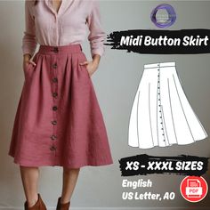 Button Skirt Pattern, Linen Pockets Skirt Pattern, Symmetrical Cottagecore Skirt Pattern, XS - XXXL Easy Pattern, Beginner Pattern What this sewing pattern includes: ❤️️Sewing pattern in US Letter (A4 Size with original size of US Letter Print) and A0 size ❤️️Sewing Instructions and detailed size chart for any level of sewist ❤️️Correct size measurement guide ❤️️PDF file type for all files You can choose only to print the size you need. Each size is subtracted on a separate file, for ease of use Cottagecore Skirt Pattern, Free Skirt Sewing Pattern, Basic Skirt Sewing Pattern, Vintage A Line Skirt Pattern, Linen Skirt Pattern, Pocket Skirt Pattern, Button Skirt Pattern, Simple Skirt Pattern, Relaxed A-line Skirt With Button Closure