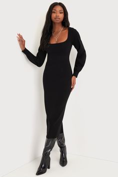 Sweater Life Black Balloon Sleeve Midi Sweater Dress Long Sleeve Bodycon Midi Dress, Black Balloon, Midi Sweater Dress, Chic Sweater, Black Sweater Dress, Black Balloons, Chic Sweaters, Sweater Dress Midi, Body Dress