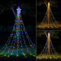 christmas tree with multicolored lights in the night and at different stages of being decorated